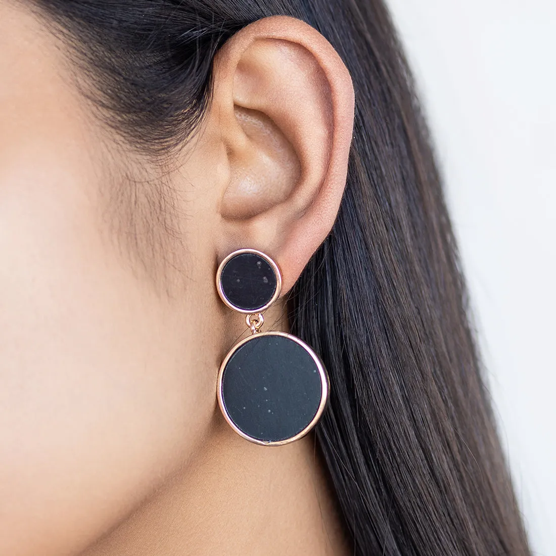 Contemporary Black Acrylic Gold-Toned Double Circular Drop Earrings