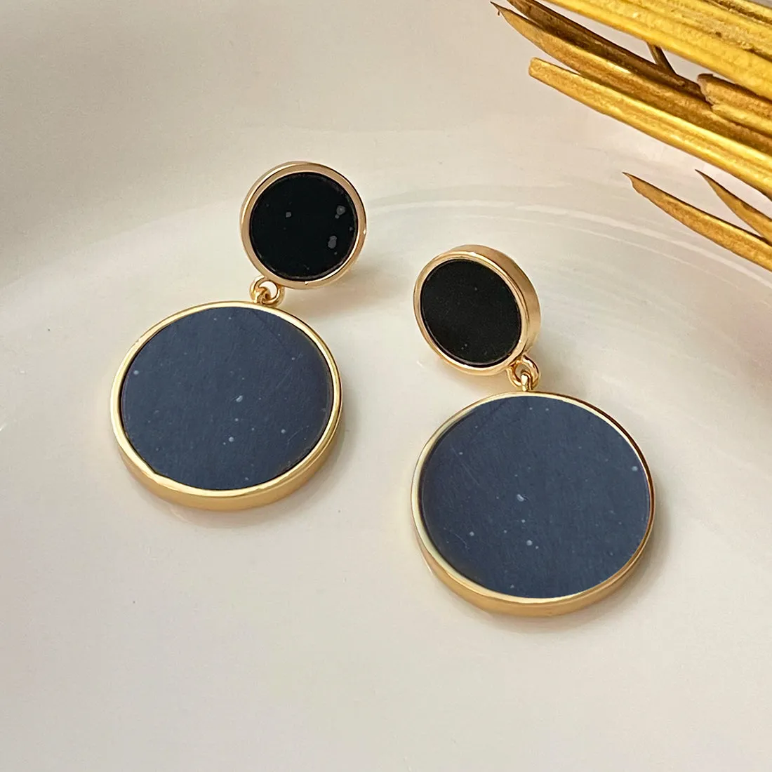 Contemporary Black Acrylic Gold-Toned Double Circular Drop Earrings