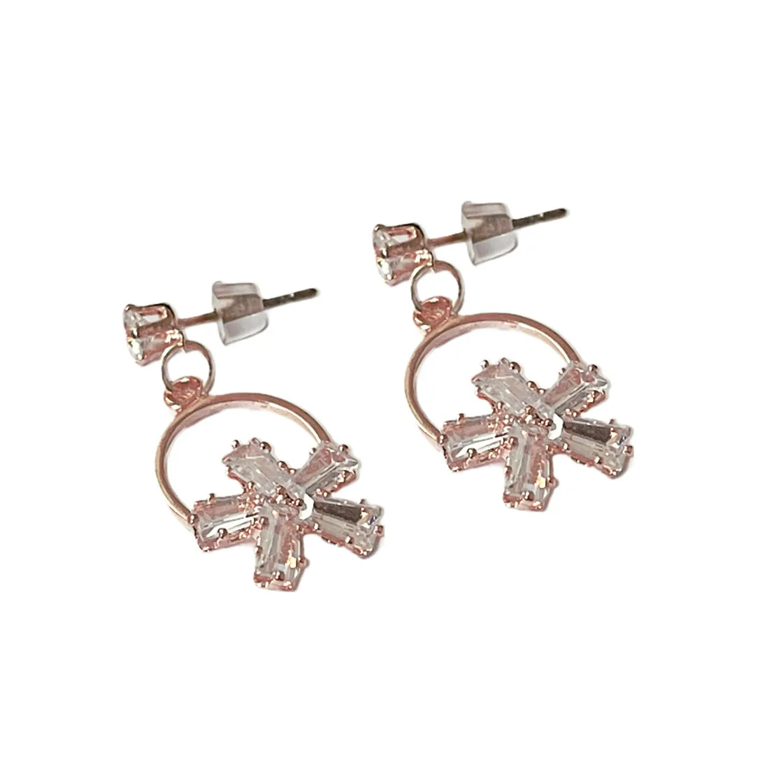 CONTEMPORARY RHINESTONE STUDDED ROSE-GOLD TONED FLOWER DROP EARRINGS