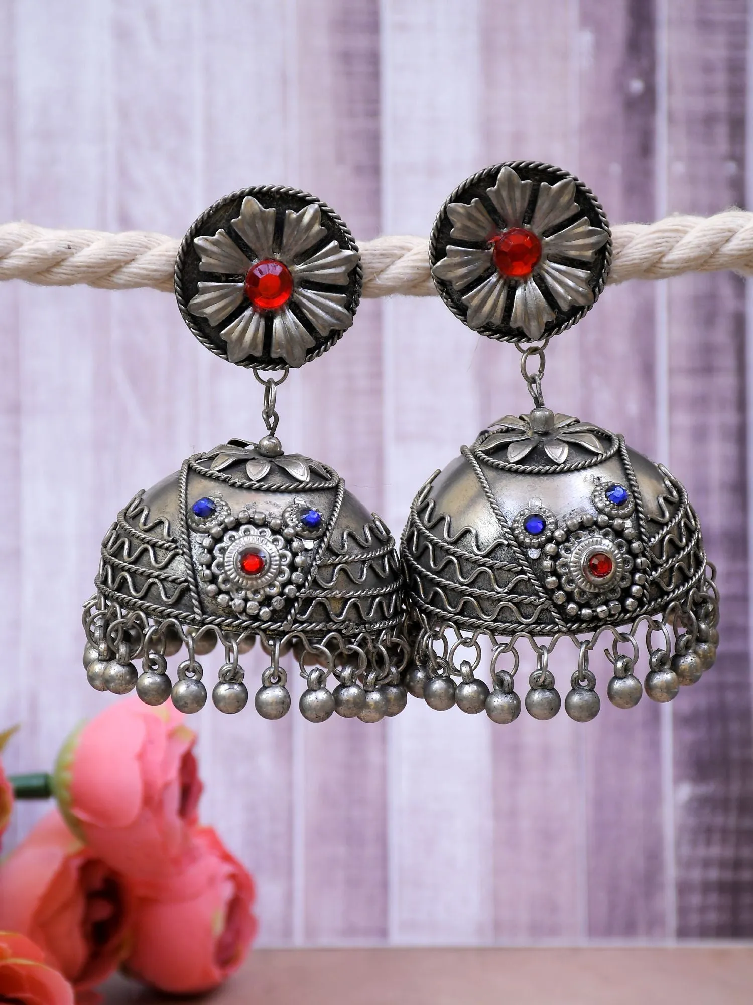 Contemporary Silver Plated Oxidised Alloy Jhumka Earrings for Women