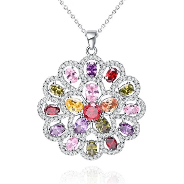 Cubic Zirconia Big Flower Pendant Necklace
