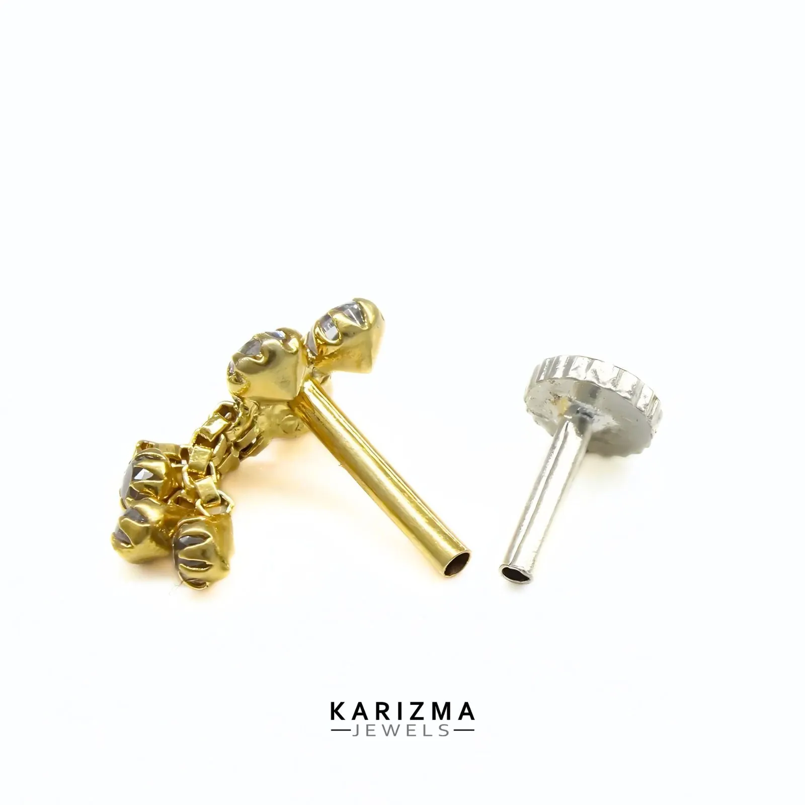 Dangle style 14K Real Gold Women White CZ Nose Pin nose ring Push Pin