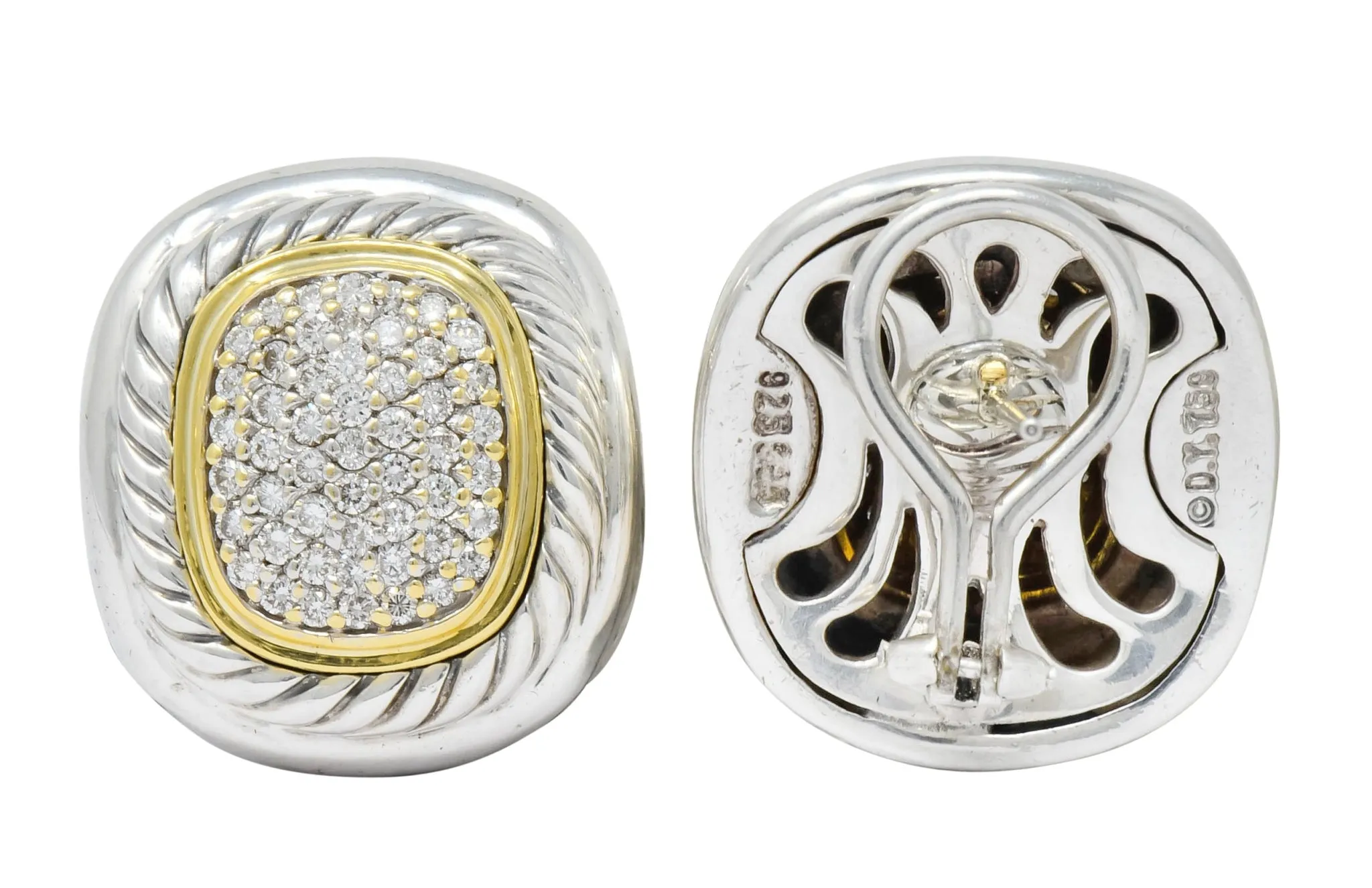 David Yurman 1.25 CTW Diamond Sterling Silver 18 Karat Gold Pave Earrings