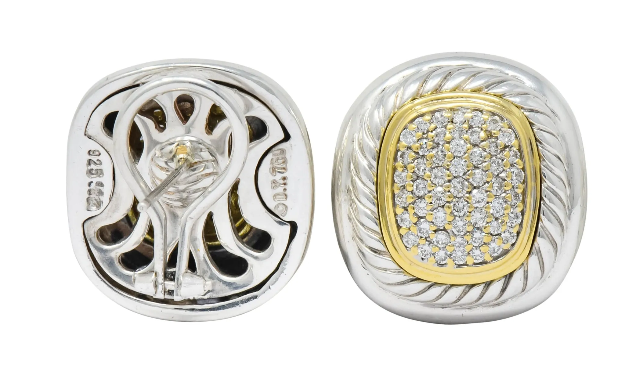 David Yurman 1.25 CTW Diamond Sterling Silver 18 Karat Gold Pave Earrings