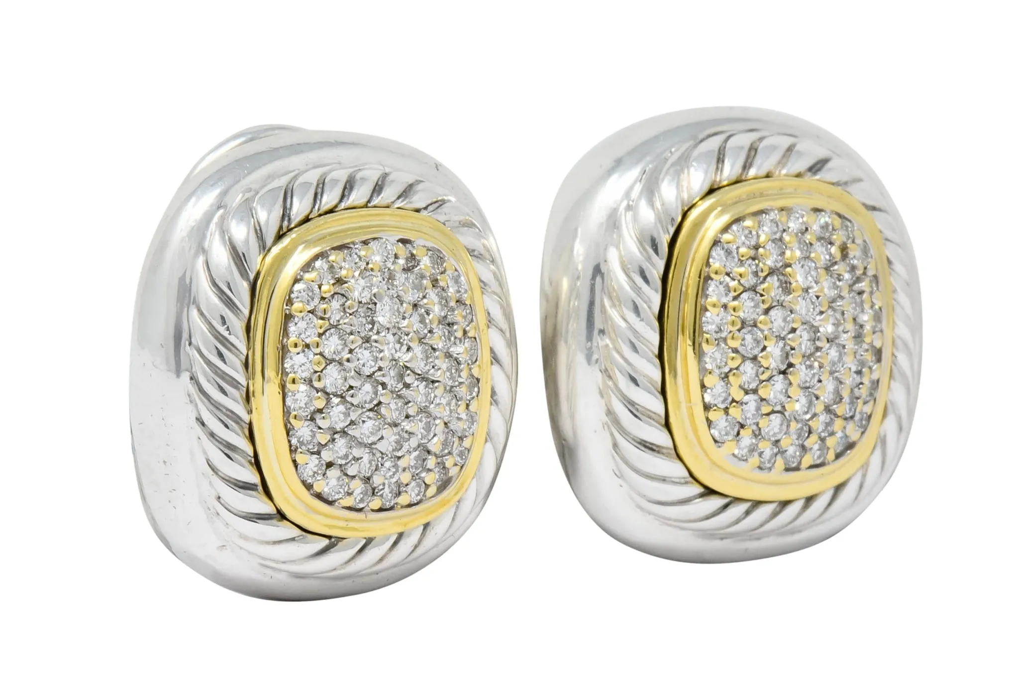 David Yurman 1.25 CTW Diamond Sterling Silver 18 Karat Gold Pave Earrings