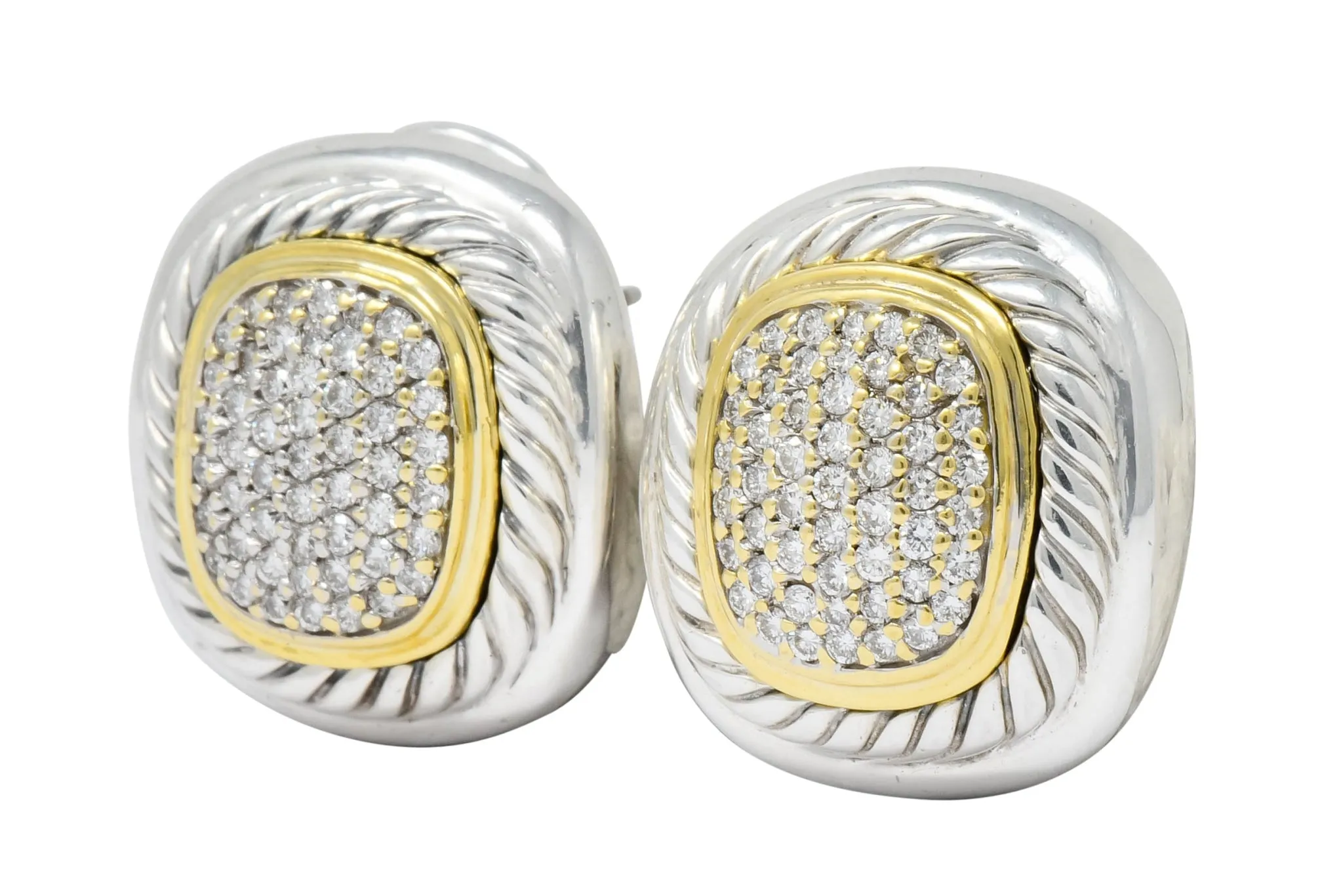 David Yurman 1.25 CTW Diamond Sterling Silver 18 Karat Gold Pave Earrings
