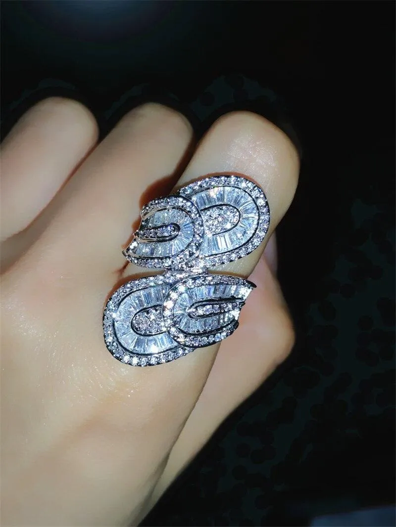 Elegant Vintage Double Leaf Simulated Diamond Engagement Wedding Ring