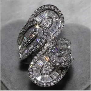 Elegant Vintage Double Leaf Simulated Diamond Engagement Wedding Ring