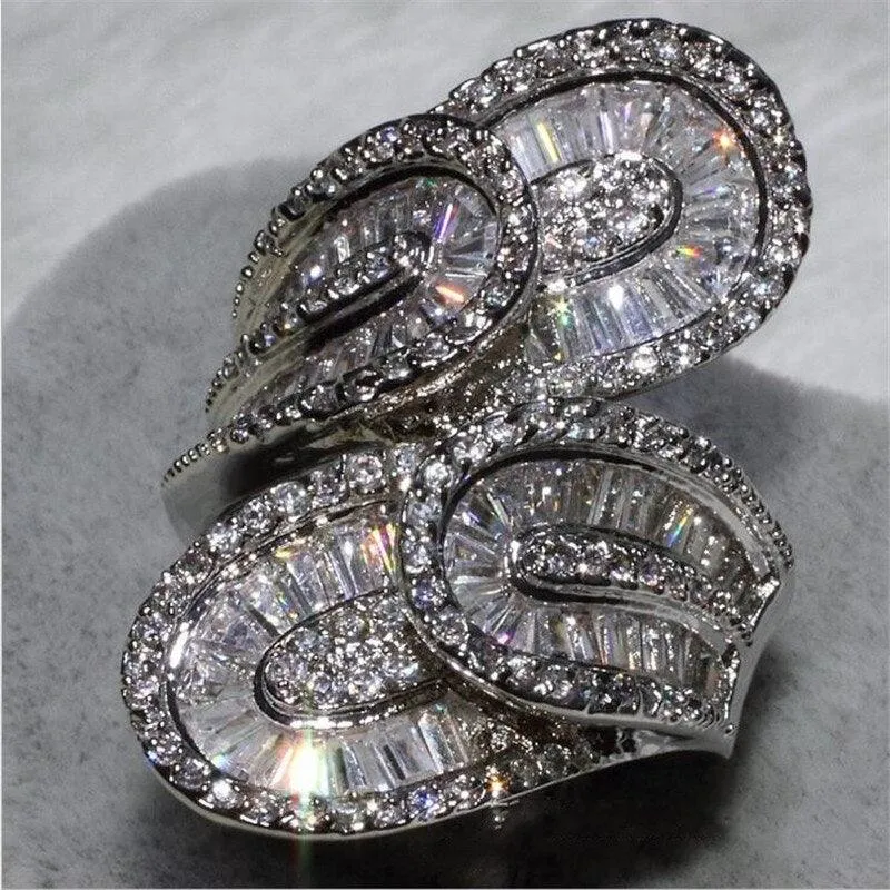 Elegant Vintage Double Leaf Simulated Diamond Engagement Wedding Ring