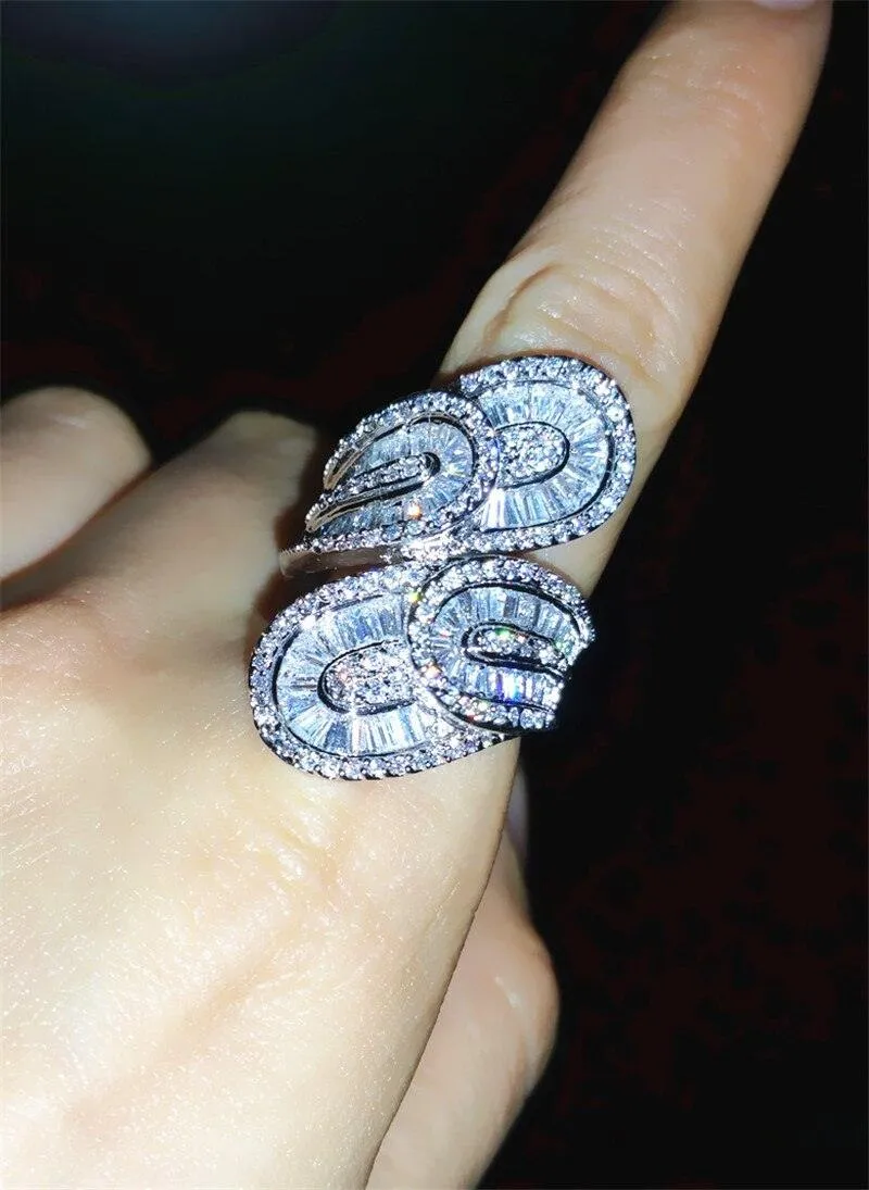 Elegant Vintage Double Leaf Simulated Diamond Engagement Wedding Ring