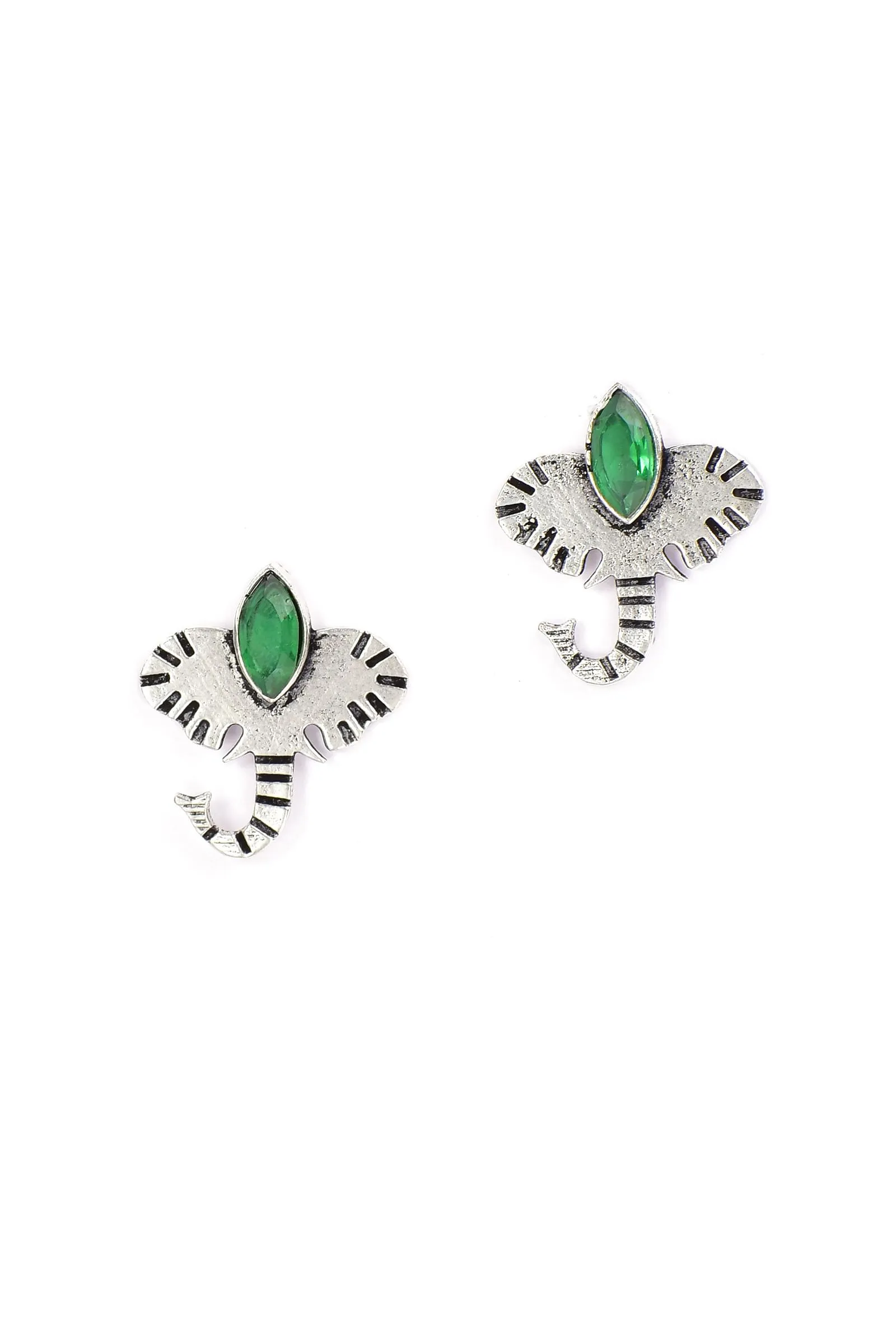 Elephant with Green Stone Brass Earrings