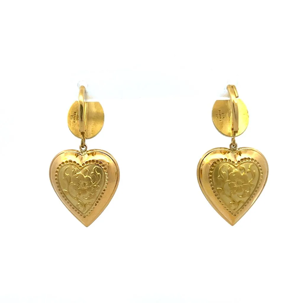Estate 18K Yellow Gold Fleur-De-Lis Heart Drop Earrings