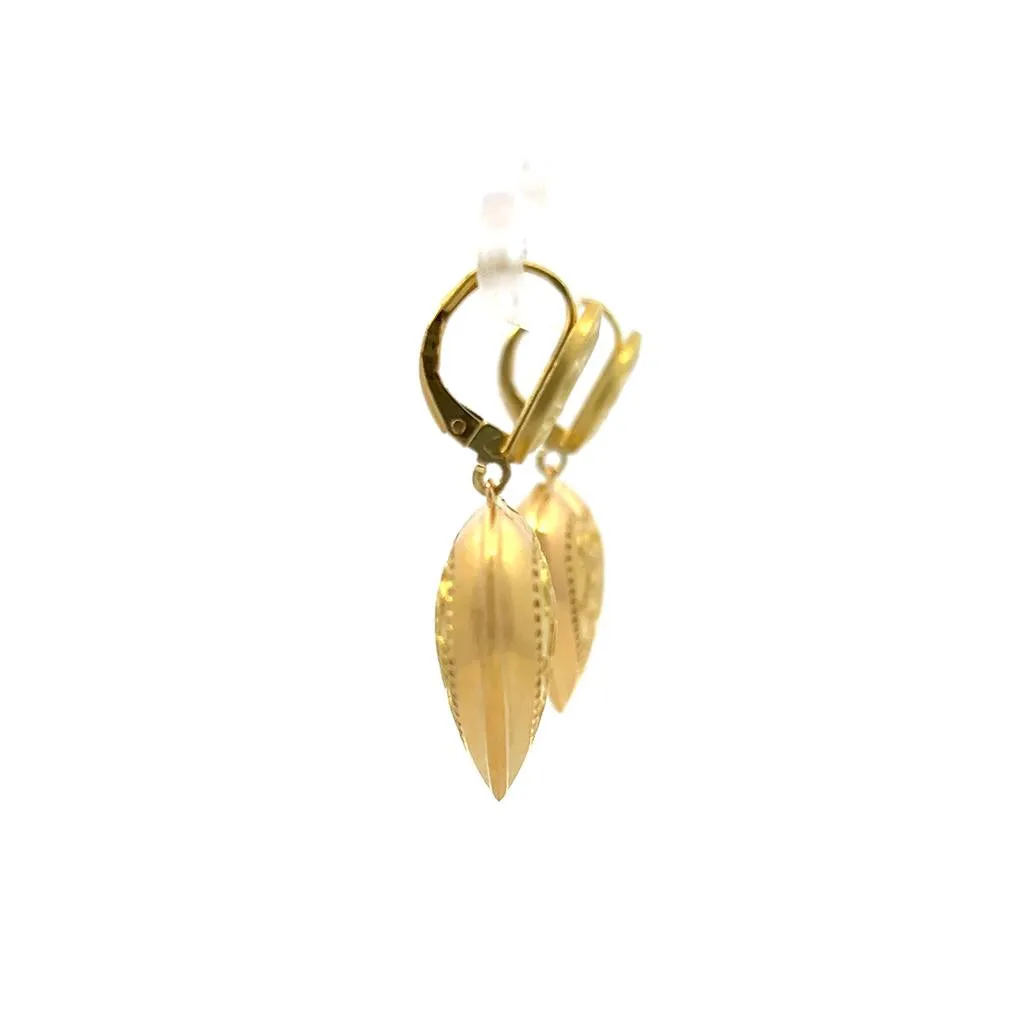 Estate 18K Yellow Gold Fleur-De-Lis Heart Drop Earrings