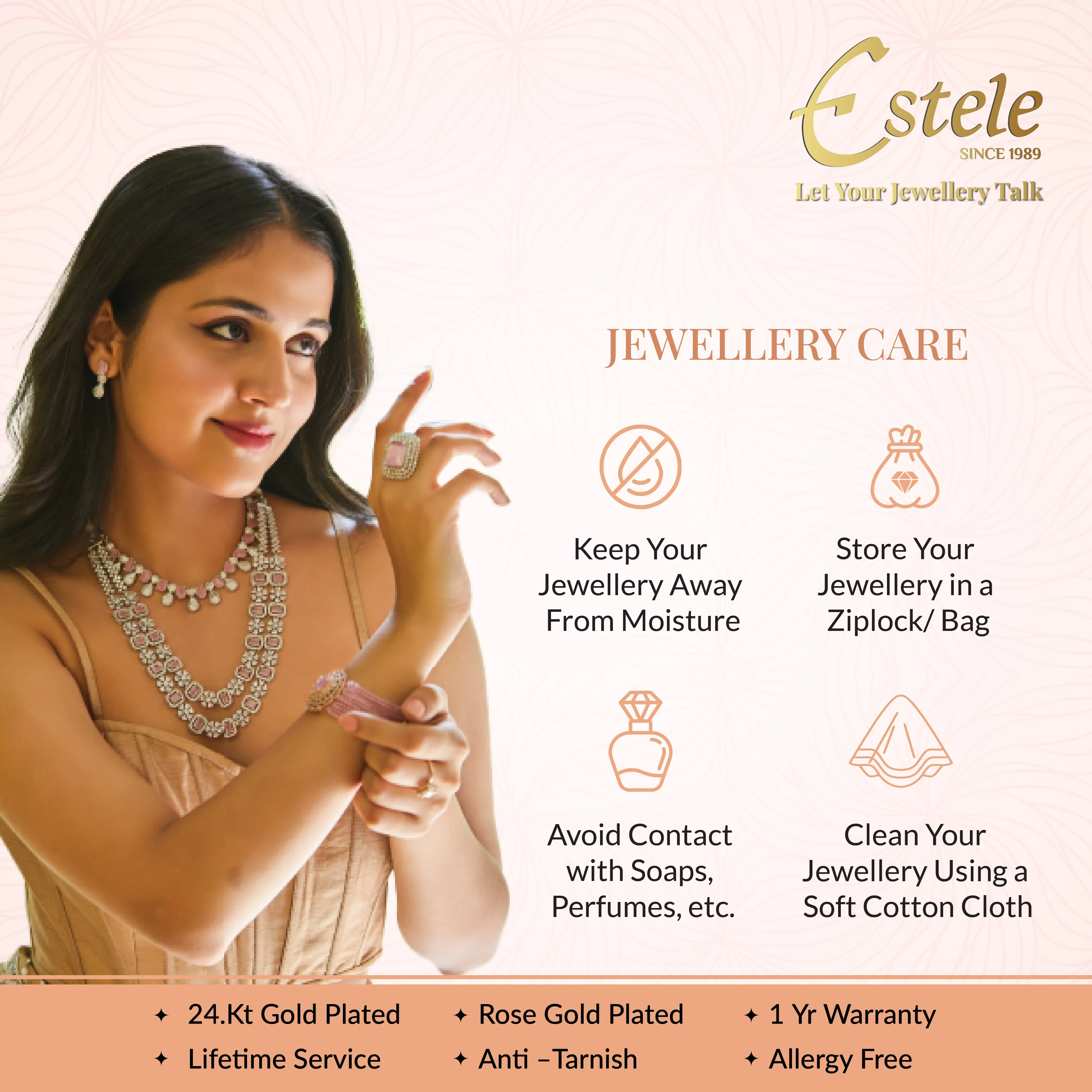 Estele Rosegold Plated Stunning Mint Green Beads Enhanced Adjustable Varya Finger Ring|Trendy and Versatile Jewelry for Women