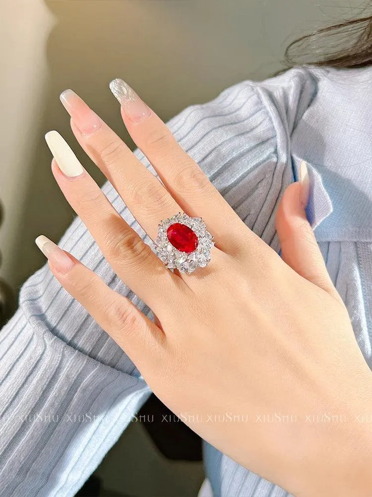 Excellent Lab Created Ruby Flower Ring Set with High Quality AAAAA High Carbon Diamonds, Versatile Luxury Jewellery