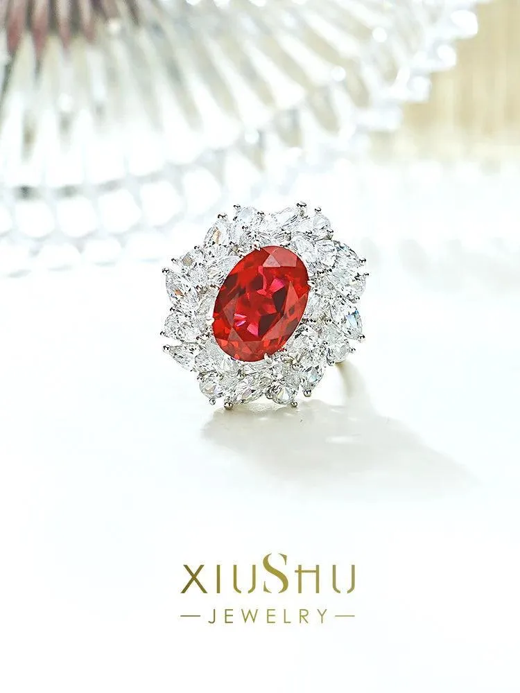 Excellent Lab Created Ruby Flower Ring Set with High Quality AAAAA High Carbon Diamonds, Versatile Luxury Jewellery
