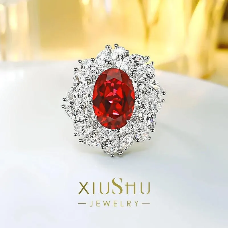 Excellent Lab Created Ruby Flower Ring Set with High Quality AAAAA High Carbon Diamonds, Versatile Luxury Jewellery