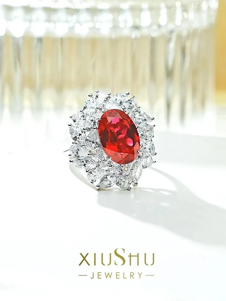 Excellent Lab Created Ruby Flower Ring Set with High Quality AAAAA High Carbon Diamonds, Versatile Luxury Jewellery