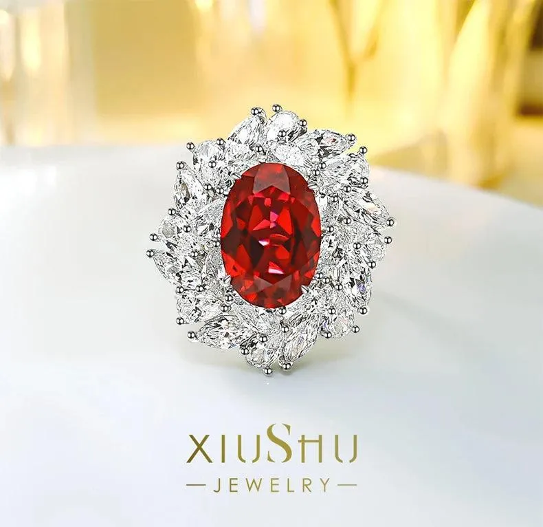 Excellent Lab Created Ruby Flower Ring Set with High Quality AAAAA High Carbon Diamonds, Versatile Luxury Jewellery