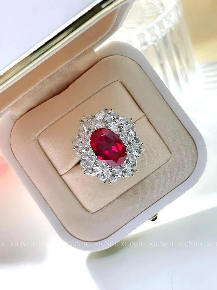 Excellent Lab Created Ruby Flower Ring Set with High Quality AAAAA High Carbon Diamonds, Versatile Luxury Jewellery