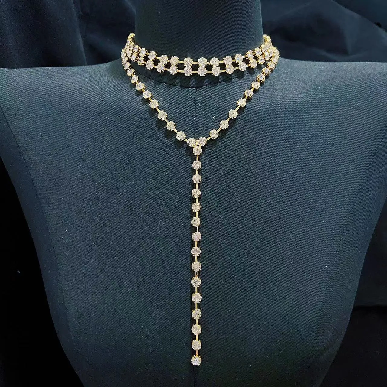 Fashion multi-layer crystal tassel chain necklace wedding jewelry women