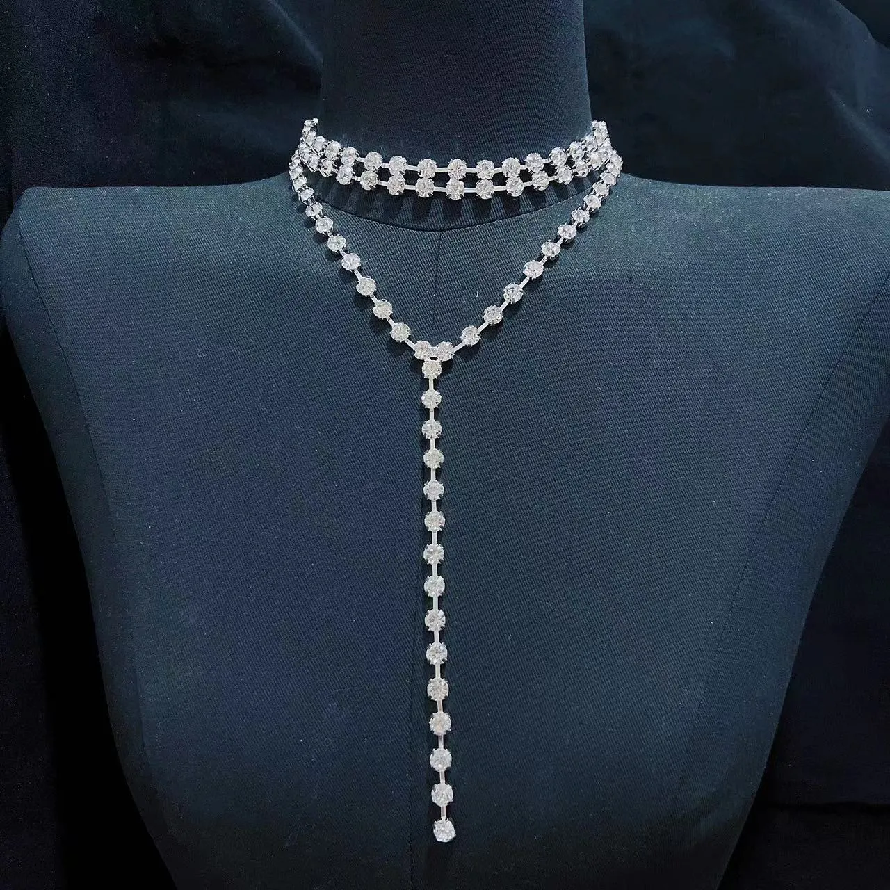 Fashion multi-layer crystal tassel chain necklace wedding jewelry women