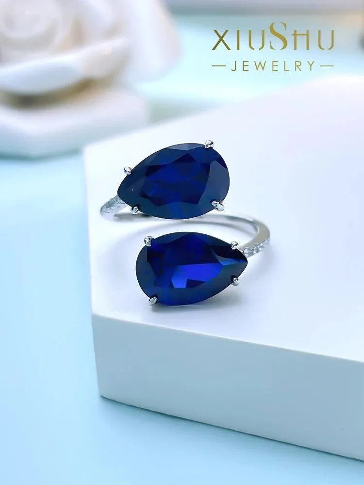 Fashionable Double Drop Royal Blue 925 silver ring set with AAAAA High Carbon Diamonds Versatile  High-End Big Ring