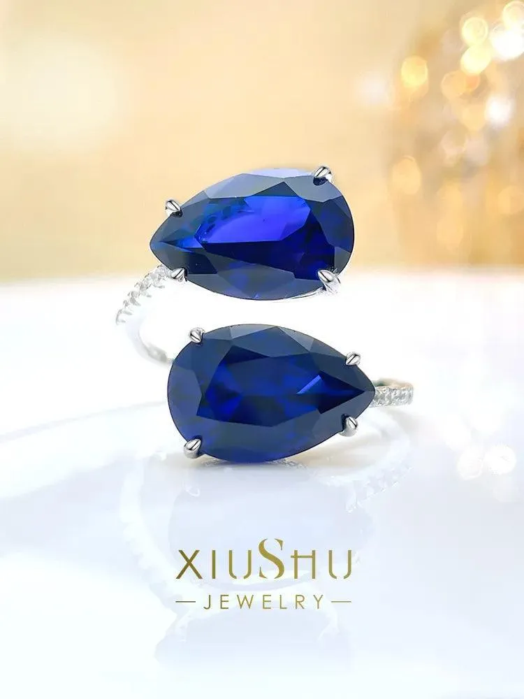 Fashionable Double Drop Royal Blue 925 silver ring set with AAAAA High Carbon Diamonds Versatile  High-End Big Ring