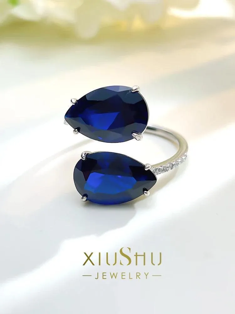 Fashionable Double Drop Royal Blue 925 silver ring set with AAAAA High Carbon Diamonds Versatile  High-End Big Ring