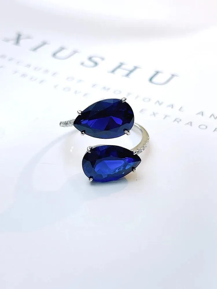 Fashionable Double Drop Royal Blue 925 silver ring set with AAAAA High Carbon Diamonds Versatile  High-End Big Ring