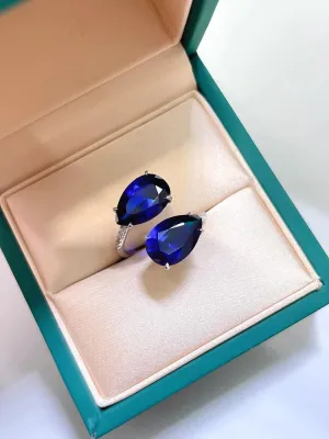 Fashionable Double Drop Royal Blue 925 silver ring set with AAAAA High Carbon Diamonds Versatile  High-End Big Ring