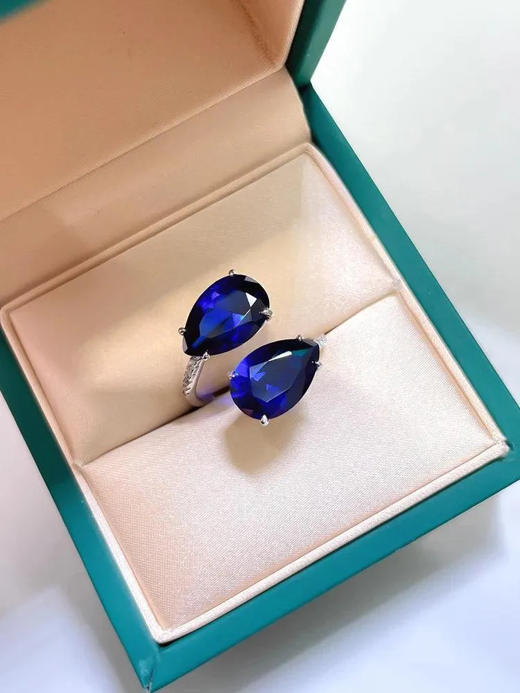 Fashionable Double Drop Royal Blue 925 silver ring set with AAAAA High Carbon Diamonds Versatile  High-End Big Ring