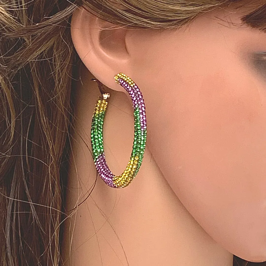 Glittering Large Mardi Gras Rhinestone Hoop Earrings