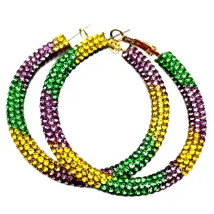 Glittering Large Mardi Gras Rhinestone Hoop Earrings