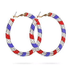 Glittering Large Patriotic Red White and Blue Rhinestone Hoop Earrings