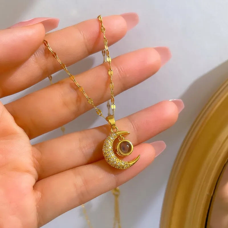 Gold Color Chains I Love You In A Hundred Languages Moon Pendant Necklace For Women