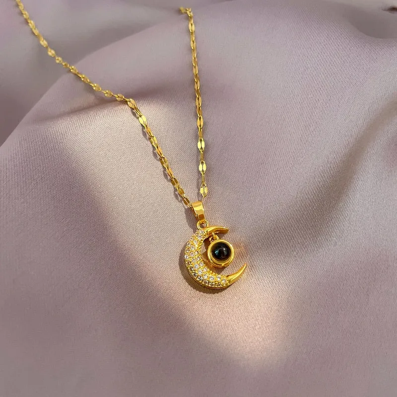 Gold Color Chains I Love You In A Hundred Languages Moon Pendant Necklace For Women
