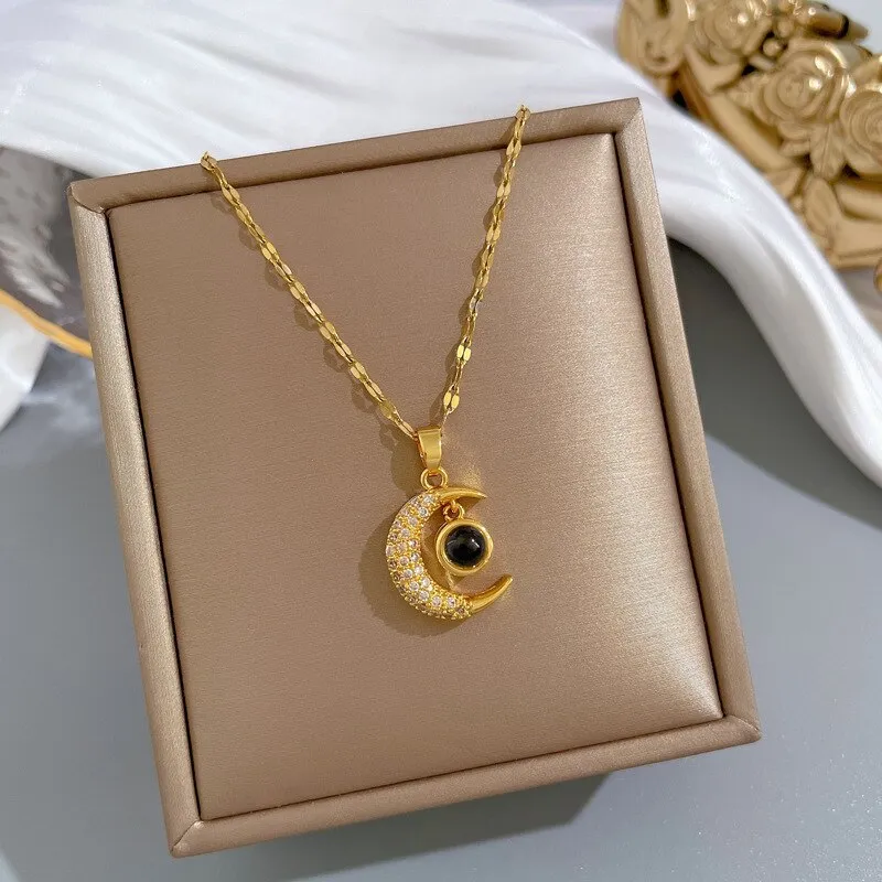 Gold Color Chains I Love You In A Hundred Languages Moon Pendant Necklace For Women