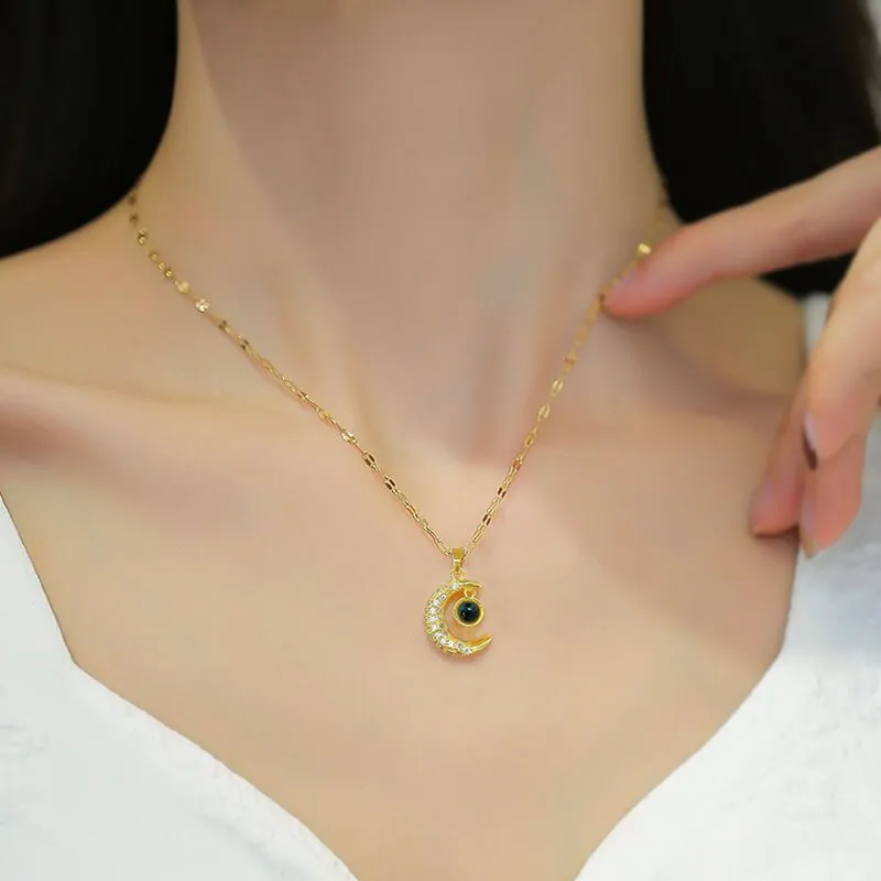 Gold Color Chains I Love You In A Hundred Languages Moon Pendant Necklace For Women
