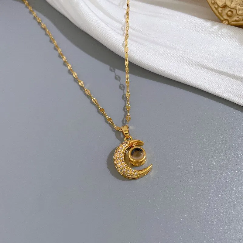 Gold Color Chains I Love You In A Hundred Languages Moon Pendant Necklace For Women