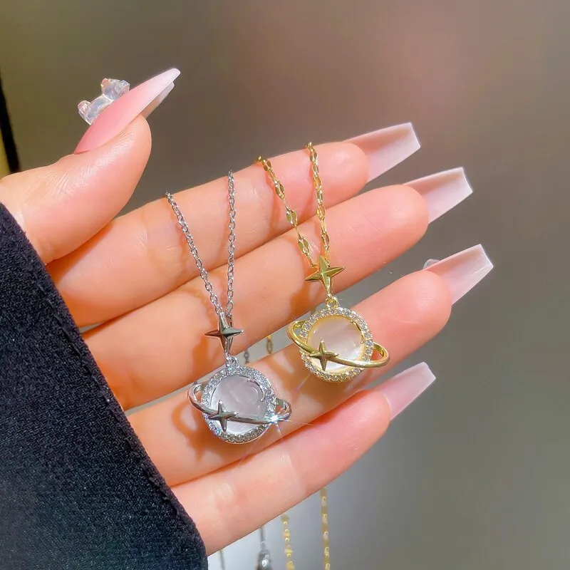 Gold Color Opal Planet Star Pendant Necklace For Women