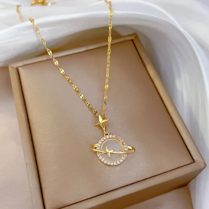 Gold Color Opal Planet Star Pendant Necklace For Women