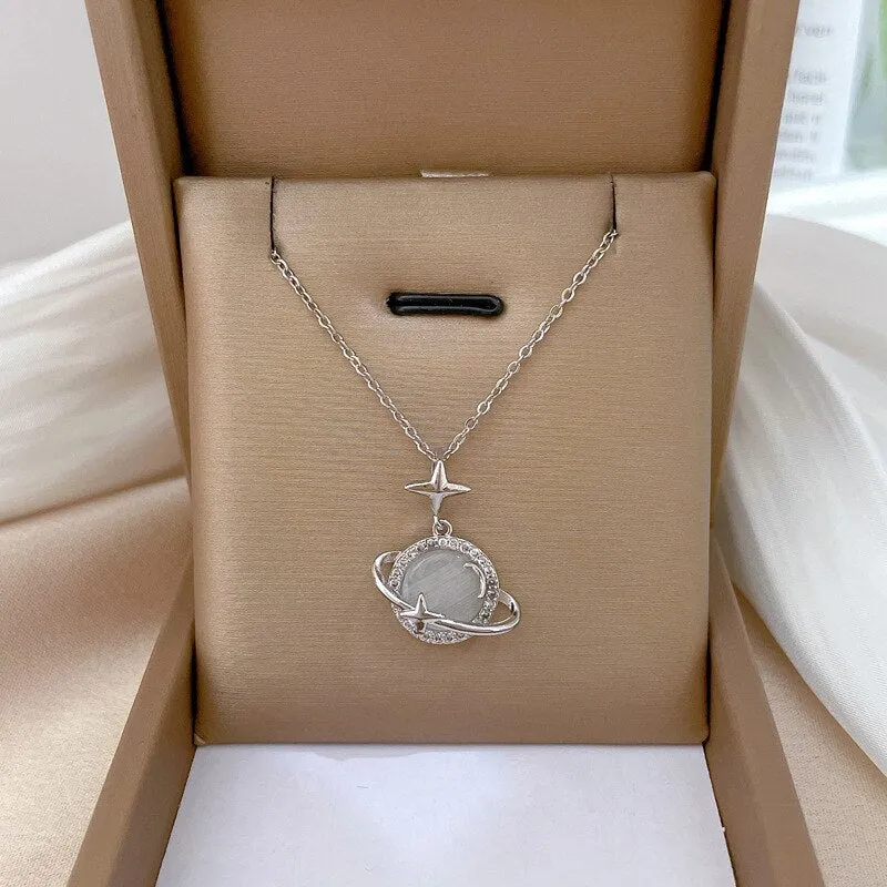 Gold Color Opal Planet Star Pendant Necklace For Women
