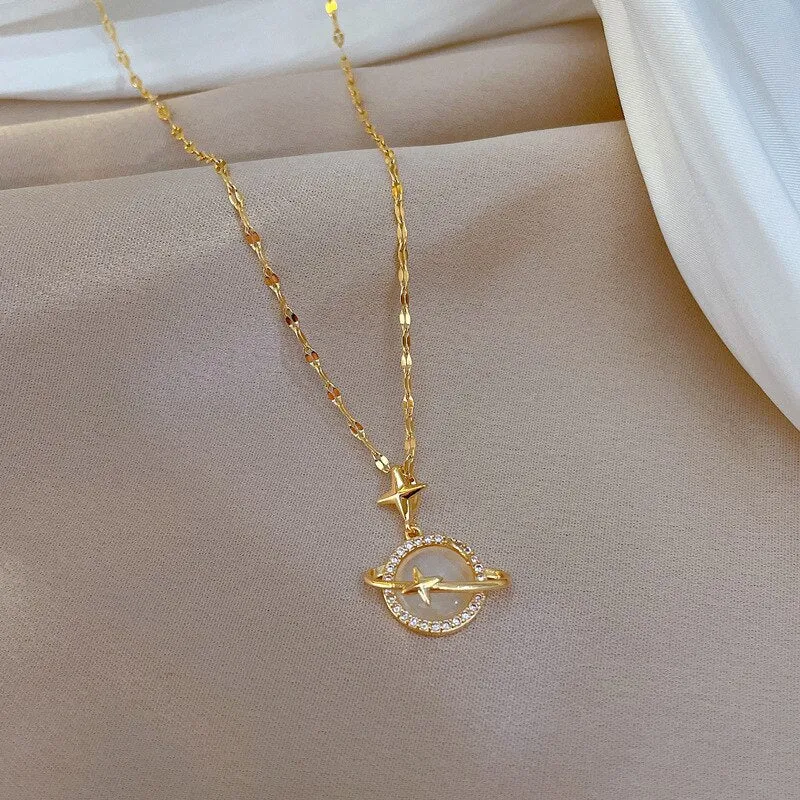 Gold Color Opal Planet Star Pendant Necklace For Women