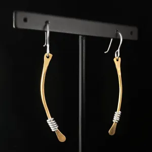 Gold Curved Bar Earrings with Silver Coils, Handmade - Recycled Materials