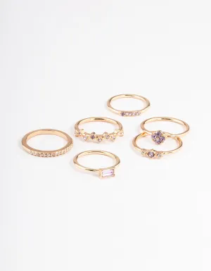 Gold Dainty Diamante Flower Ring Pack