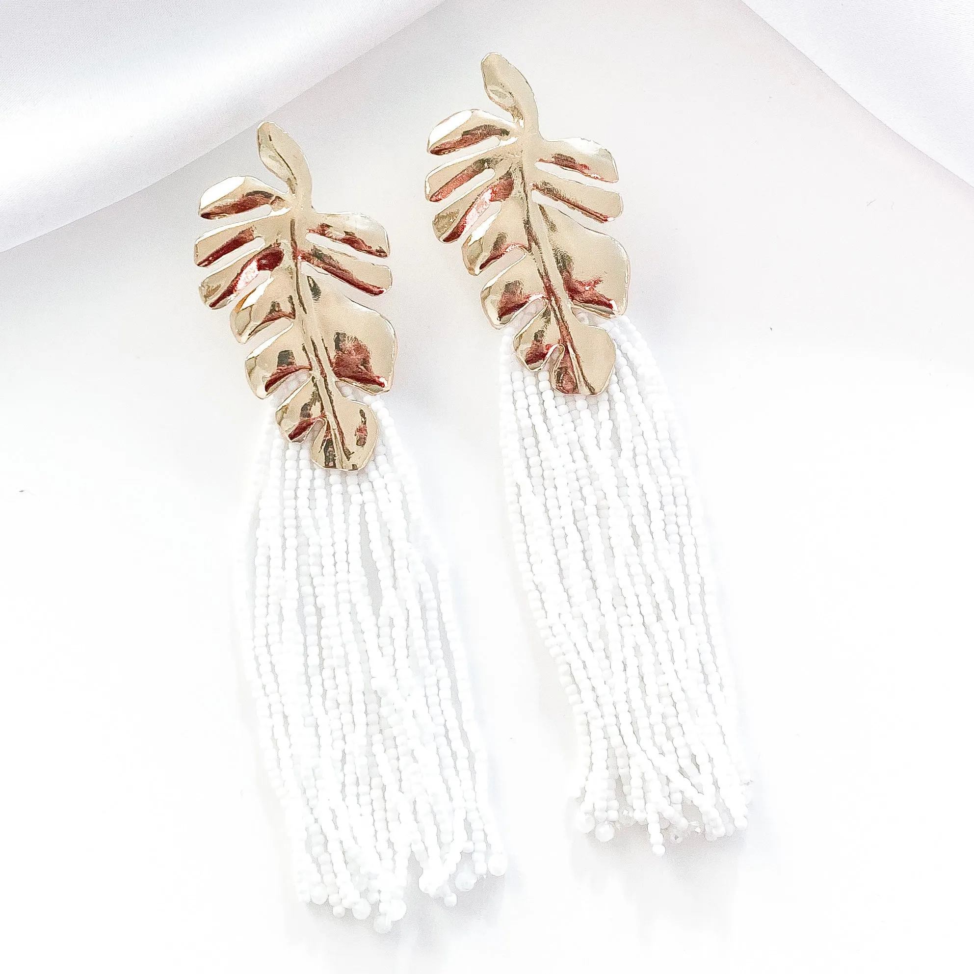 Gold Leaf and White Tassle Earrings