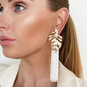 Gold Leaf and White Tassle Earrings