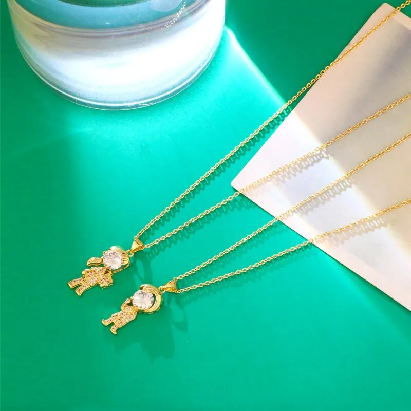 Gold Plated Boy Girl Necklace for Women Family Jewelry Copper CZ Rhinestone Necklaces