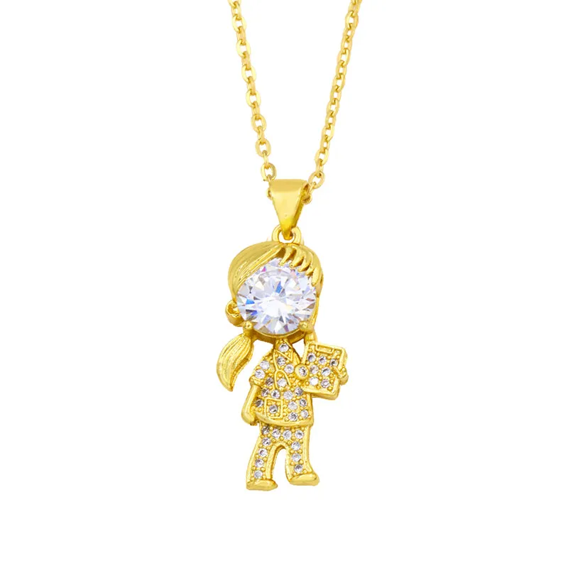 Gold Plated Boy Girl Necklace for Women Family Jewelry Copper CZ Rhinestone Necklaces